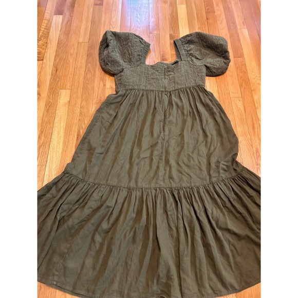 Madewell Tiered sz 16 Square neck Puff Midi Dress Quilted Hemp Olive Green NH112 - Picture 11 of 11